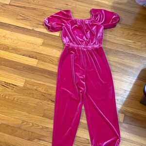 Girls Velvet Puff Sleeve Jumpsuit in Bright Fuchsia (size 8)